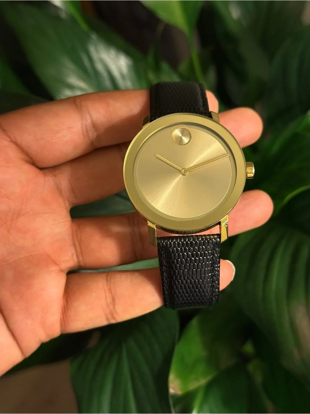 Movado bold Elegant Gold Dial Men's Watch with Black Leather Strap